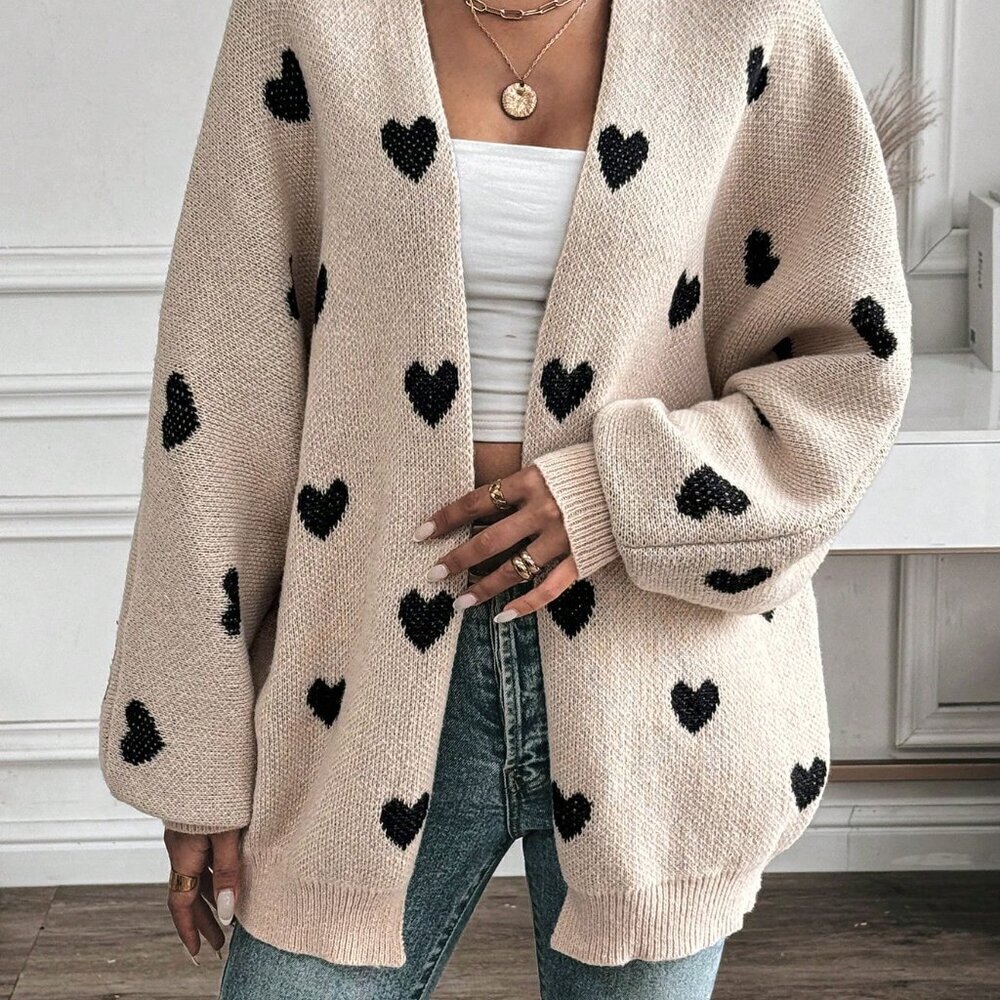 Multicolor Casual Women's V-Neck Heart Print Knitted Cardigan - Picture 4 of 6